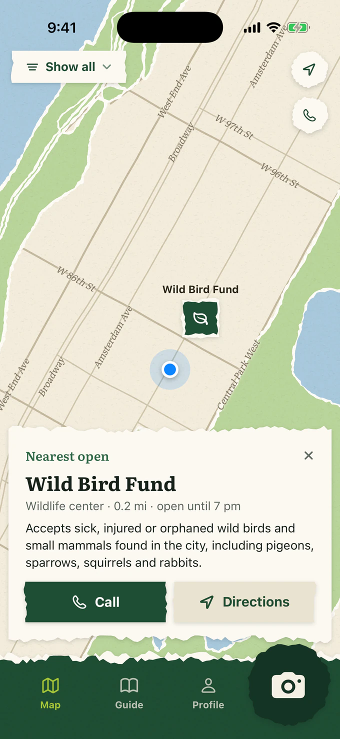 The One Step map: a hand-drawn map of the Upper West Side with the Wild Bird Fund marked, and a card that reads Nearest open, Wild Bird Fund, wildlife center, open until 7 pm, with Call and Directions buttons.